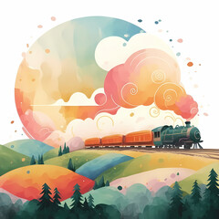 Watercolor-inspired design of a train