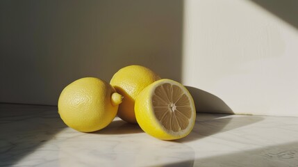 Fresh juicy lemons on a white marble table with a shadow from the sun - Generative AI