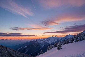 Foto op Plexiglas Beautiful sunset sky in the clouds on top of snow-capped mountains with trees © Unnamed  Bird