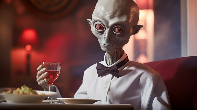 Alien Sitting at Table With Glass of Wine