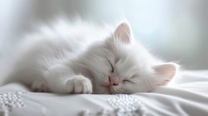 Cute white cat sleeping on the bed, soft focus background. - Generative AI