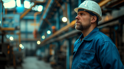 Portrait of a Caucasian male worker in a safety helmet and blue overalls in an industrial plant.