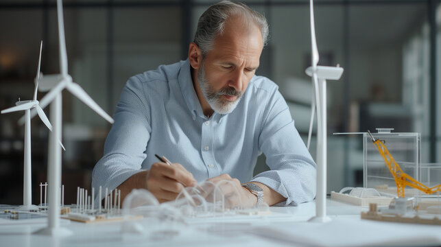 Architect working on a model of wind turbines in a modern office