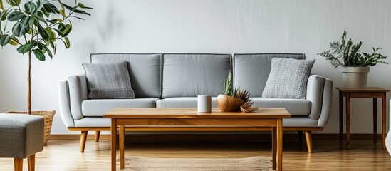 Modern-style furniture including a cozy gray sofa and wooden coffee table.