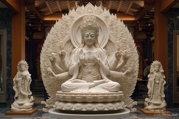 Famous Hindu deity, Avalokitesvara, in white somewhat yellowish marble.