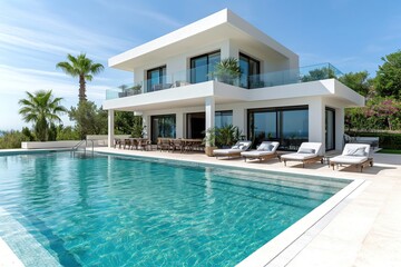 Fototapeta premium Modern white cement villa with pool, two floors and mountain views, Mediterranean style.
