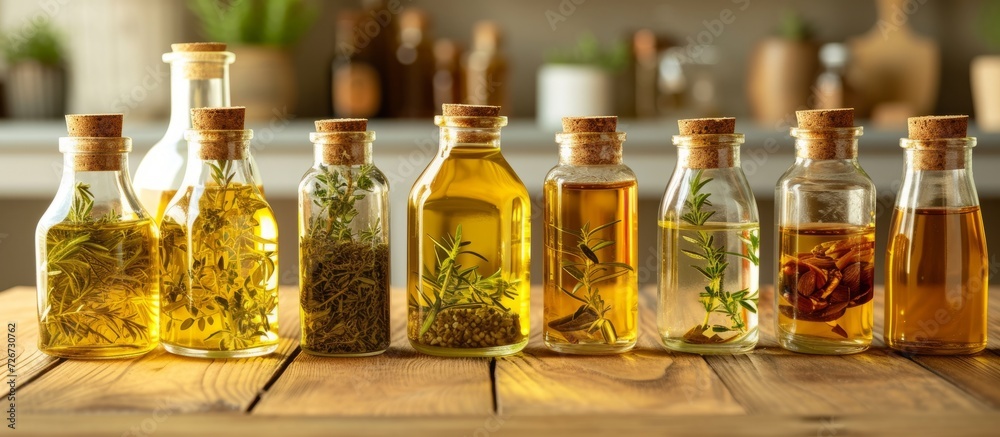 Poster Assorted glass jars with various oil options for a nutritious diet.