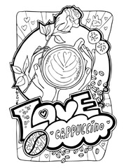 Coffee cup colouring book pages for antistress and relaxation. Hand drawn cartoon line style illustration. Morning ritual for coffee lovers, cafe decoration, restaurant menu, poster print design.