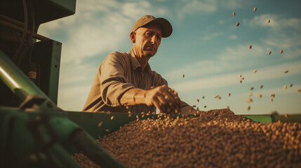 A farmer harvesting soybeans