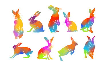 Set of colored silhouettes of hares. hand drawing. Not AI. Vector illustration