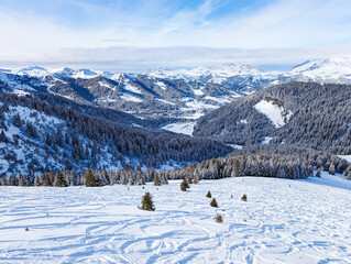 Skiing in Bellvue Saint-Gervais-les-Bains, Alps mountain, France.