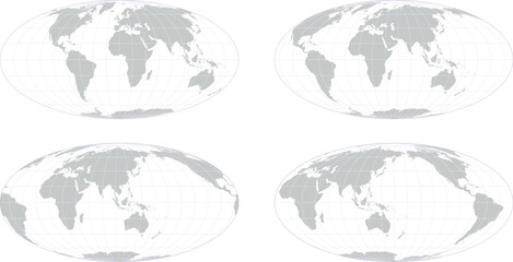 4 Simplified world maps each 55 degree apart in a Mollweide projection