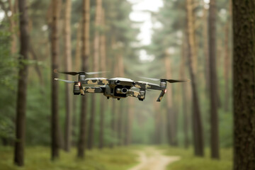 Aerial drone in camouflage on blurred forest background