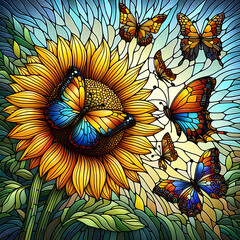 Illustration in stained glass style with summer bright butterflies and sunflowers