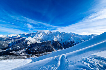 Skiing in Bellvue Saint-Gervais-les-Bains, Alps mountain, France.
