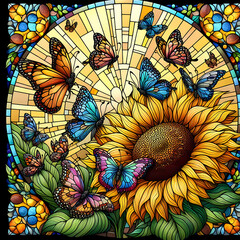 Illustration in stained glass style with summer bright butterflies and sunflowers