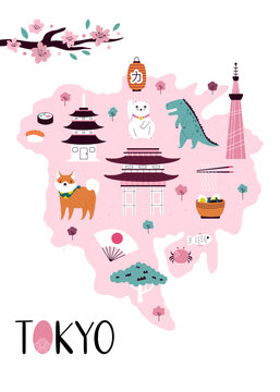 Vector stylized illustrated city map of Tokyo with famous landmarks, places and symbols