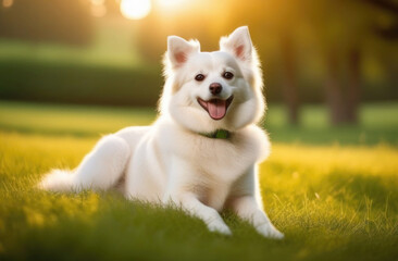Portrait of dog Spitz breed, white color pet with tongue hanging on a walk in park, isolated on blurred background , evening sunset light, space for text