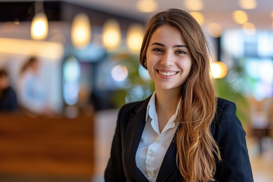 Young woman receptionists standing in hotel lobby near the counter