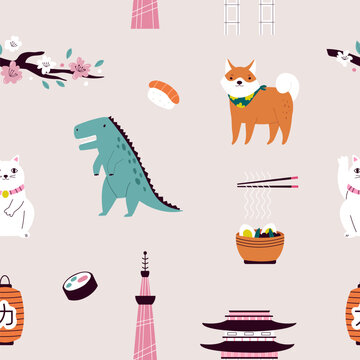 Seamless pattern with animals and symbols of Tokyo city, Japan