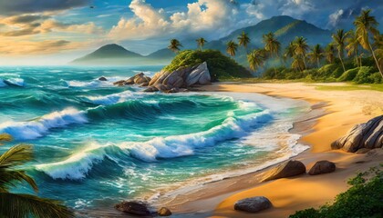Beautiful tropical wave of summer sea surf. Soft turquoise blue ocean wave on the golden sandy beach. - obrazy, fototapety, plakaty