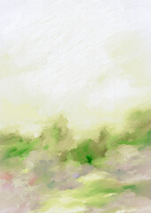 Fototapeta premium Impressionistic Digital Painting of a Lovely Spring or Summer Day By A River, Creek or Brook Near a Tree filled Forest in Soft & Vibrant Greens - Art, Artwork, Digital Painting, Design, Illustration