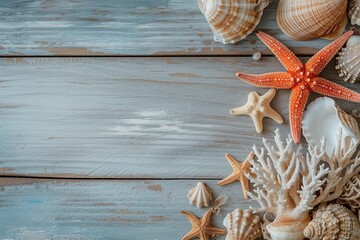 Seashells and starfish on wooden background