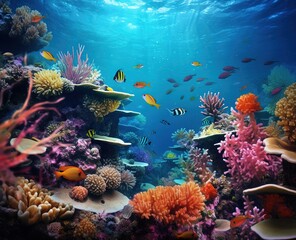 Obraz na płótnie Canvas Bright fish swim around beautiful corals under the sea. Colorful sea panorama of underwater wildlife landscape, wallpaper illustration Generative AI