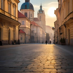 A sun-kissed view of a cobblestone street in the historic city center of Prague at dawn