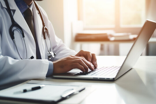 A male doctor in a white coat is typing on a laptop in a bright office setting. The image conveys a professional and focused mood, suitable for healthcare-related content.