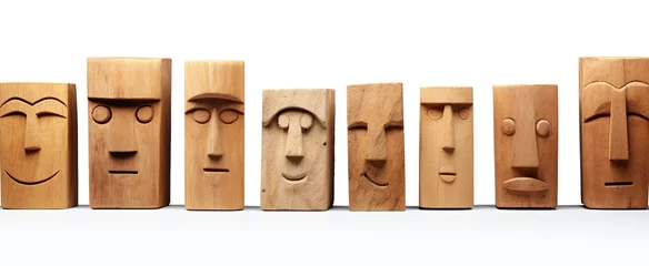 Poster Rough hewn wooden heads in style of Easter Island statues, abstract wooden masks souvenir close up isolated on white background, art illustration Generative AI © Iaroslav Lazunov