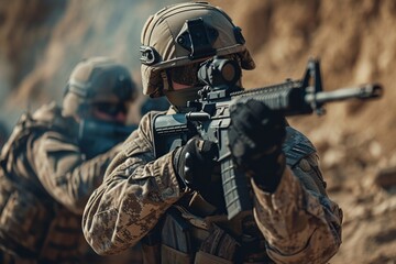 Soldier in camouflage uniform with aiming rifle take part in military training