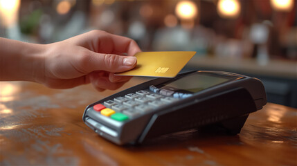 Client pays using contactless payment by credit card payment terminal. NFC technology