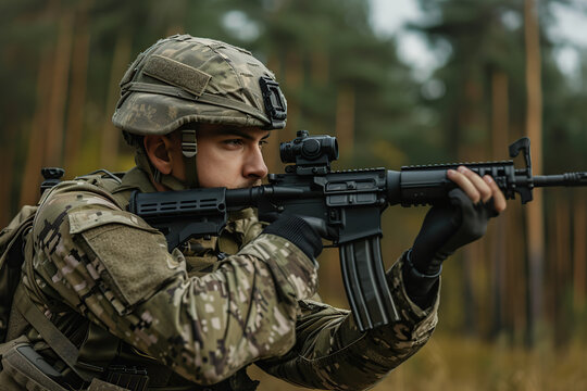 Soldier in camouflage uniform with aiming rifle take part in military training