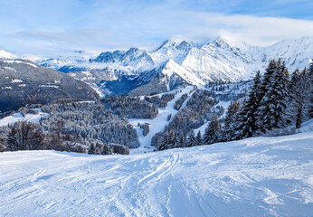 Fototapeta na wymiar Skiing in Bellvue Saint-Gervais-les-Bains, Alps mountain, France.