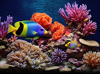 Bright fish swim around beautiful corals under the sea. Colorful sea panorama of underwater wildlife landscape, wallpaper illustration Generative AI