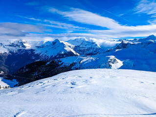 Fototapeta na wymiar Winter French Alps, ski resort Flaine, Grand Massif near Mont Blanc, France