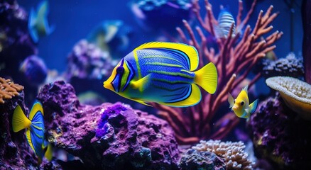 Fototapeta na wymiar Bright fish swim around beautiful corals under the sea. Colorful sea panorama of underwater wildlife landscape, wallpaper illustration Generative AI