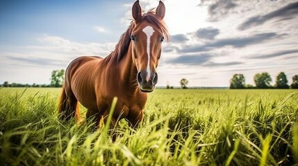 Brown Horse Standing on Top of Lush Green Field