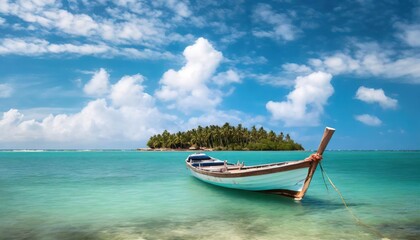 High-quality photo Boat in turquoise ocean water against blue sky with white clouds and tropical island. Natural landscape for summer vacation, panoramic view.