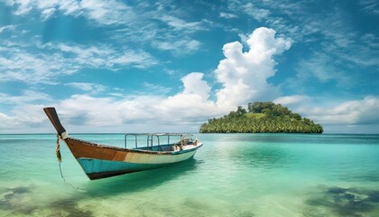 Fototapeta na wymiar High-quality photo Boat in turquoise ocean water against blue sky with white clouds and tropical island. Natural landscape for summer vacation, panoramic view.