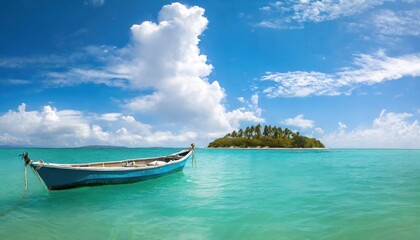 High-quality photo Boat in turquoise ocean water against blue sky with white clouds and tropical island. Natural landscape for summer vacation, panoramic view.