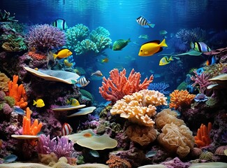 Naklejka na ściany i meble Colorful beautiful corals and small exotic fish, underwater coral reef panoramic background, marine life ecosystem wallpaper illustration Generative AI