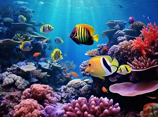 Fototapeta na wymiar Bright fish swim around beautiful corals under the sea. Colorful sea panorama of underwater wildlife landscape, wallpaper illustration Generative AI