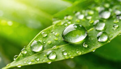 Large beautiful drops of transparent rain water on a green leaf macro. Drops of dew in the morning glow in the sun. Beautiful leaf texture in nature. Natural background.