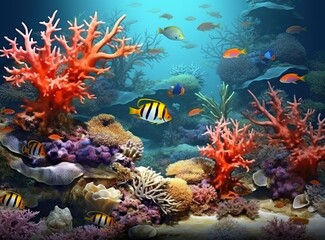 Naklejka na ściany i meble Bright fish swim around beautiful corals under the sea. Colorful sea panorama of underwater wildlife landscape, wallpaper illustration Generative AI
