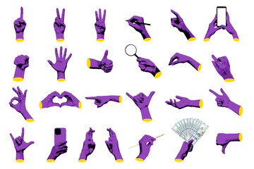 Set of 3d purple hand gestures ok, peace, thumb up, dislike, point to object, holding magnifier,...