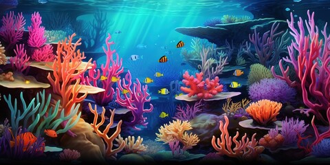 Fototapeta na wymiar Colorful beautiful corals and small exotic fish, underwater coral reef panoramic background, marine life ecosystem wallpaper illustration Generative AI