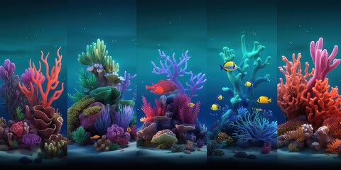 Colorful fish swimming around beautiful corals under the sea, underwater landscape wildlife. Colorful marine panorama, pentaptych wallpaper illustration Generative AI