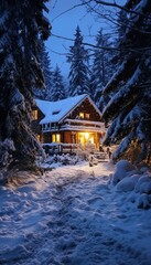 A charming wooden cabin in a snow-covered forest, adorned with festive Christmas lights on a serene winter night. Generative AI.